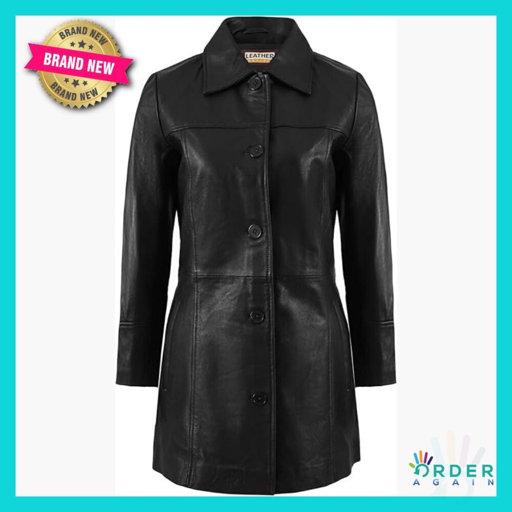 Lambskin Leather Car Coat Classic 3/4 Length Overcoat Elegant Chic